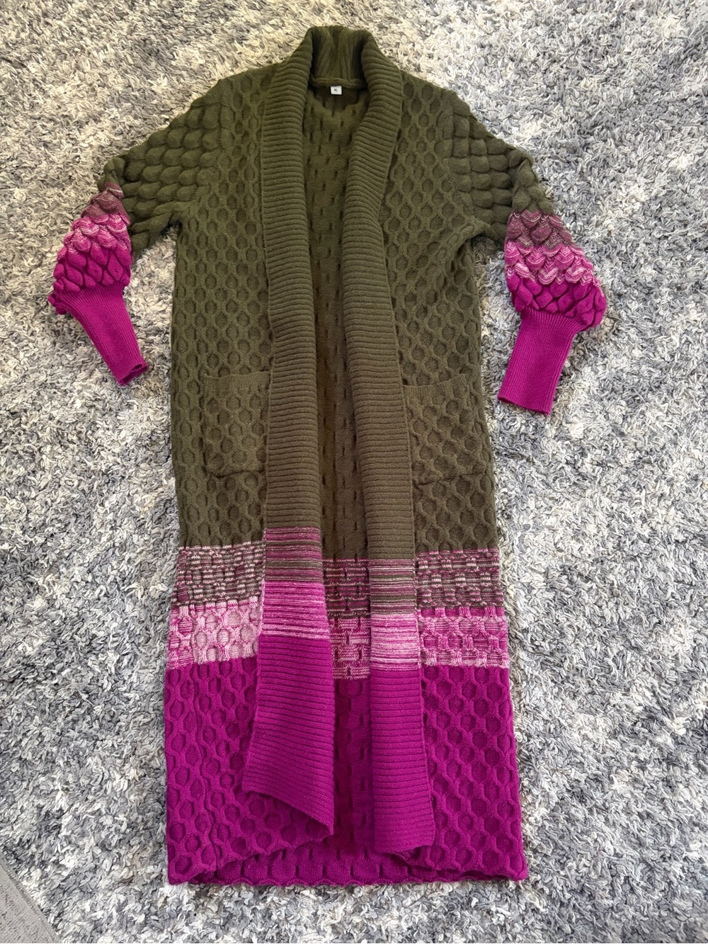 Women’s Long Olive Green and Fuschia Pink Oversized Cardigan Sz XL